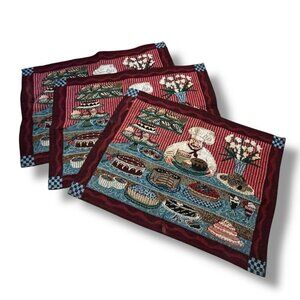 THREE Tapestry Placemats Pastry Chef Bakery Desserts 13x18 Poly/Cotton Vintage